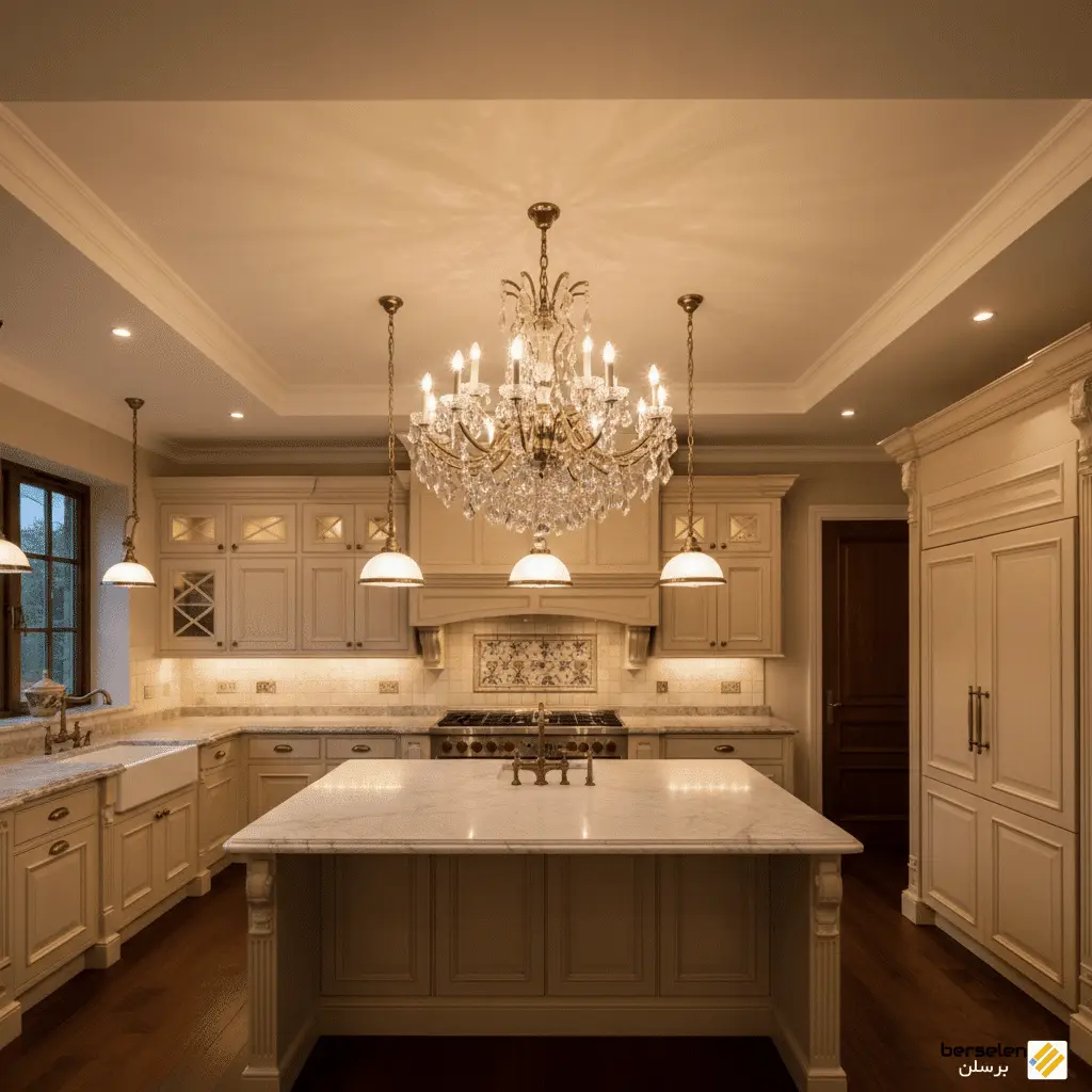 نورپردازی مجلل در آَشپزخانه کلاسیک