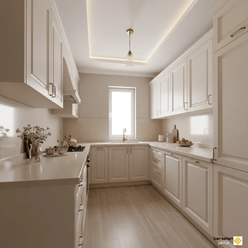 آشپزخانه کلاسیک کوچک و دنج با کابینت‌های سفید، نور طبیعی و طراحی بهینه برای فضاهای محدود