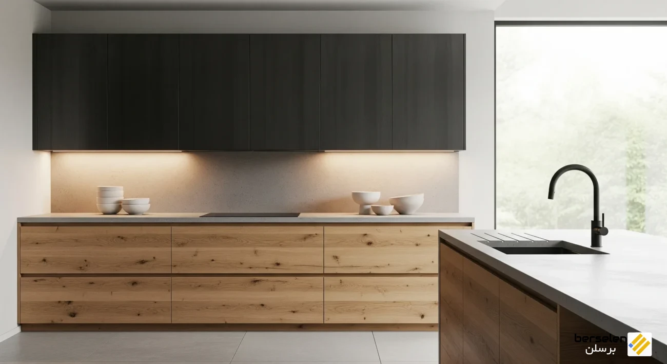 کابینت آشپزخانه با متریال ترکیبی، کابینت دو متریاله، ترکیب چوب و فلز