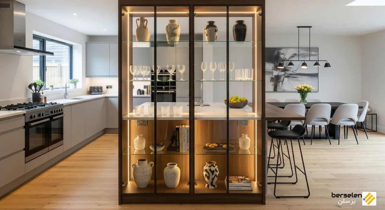 کابینت ویترین دوطرفه، ویترین شیشهای دو رو، کابینت پارتیشن شیشهای