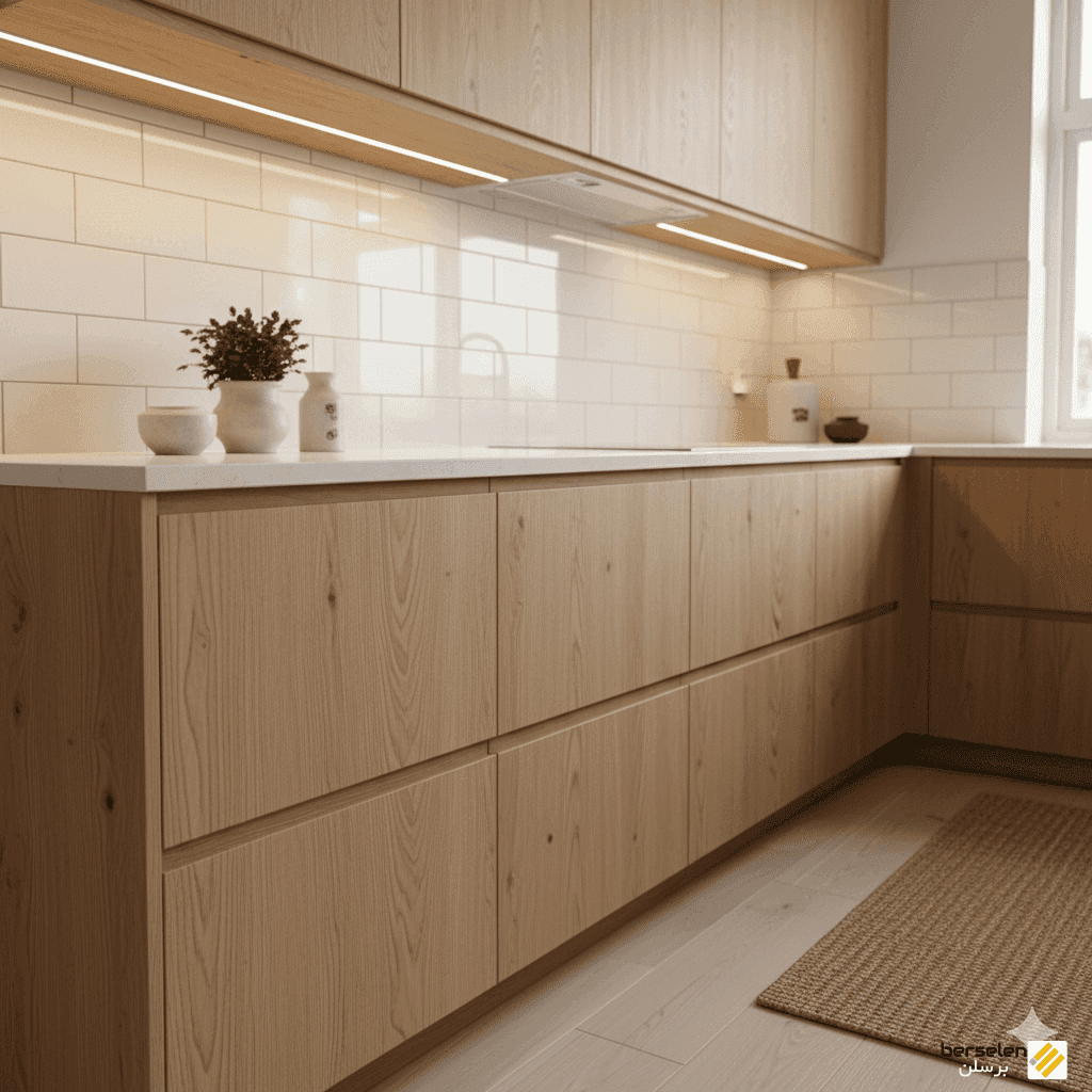 کابینت ملامینه طرح چوب بلوط روشن به سبک اسکاندیناوی، اجرا شده در مشهد توسط برسلن