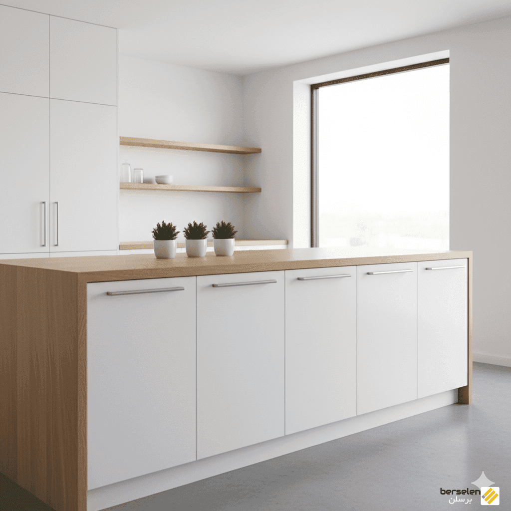 کابینت ملامینه سفید ساده مدرن با صفحه چوبی، اجرا شده در مشهد توسط برسلن
